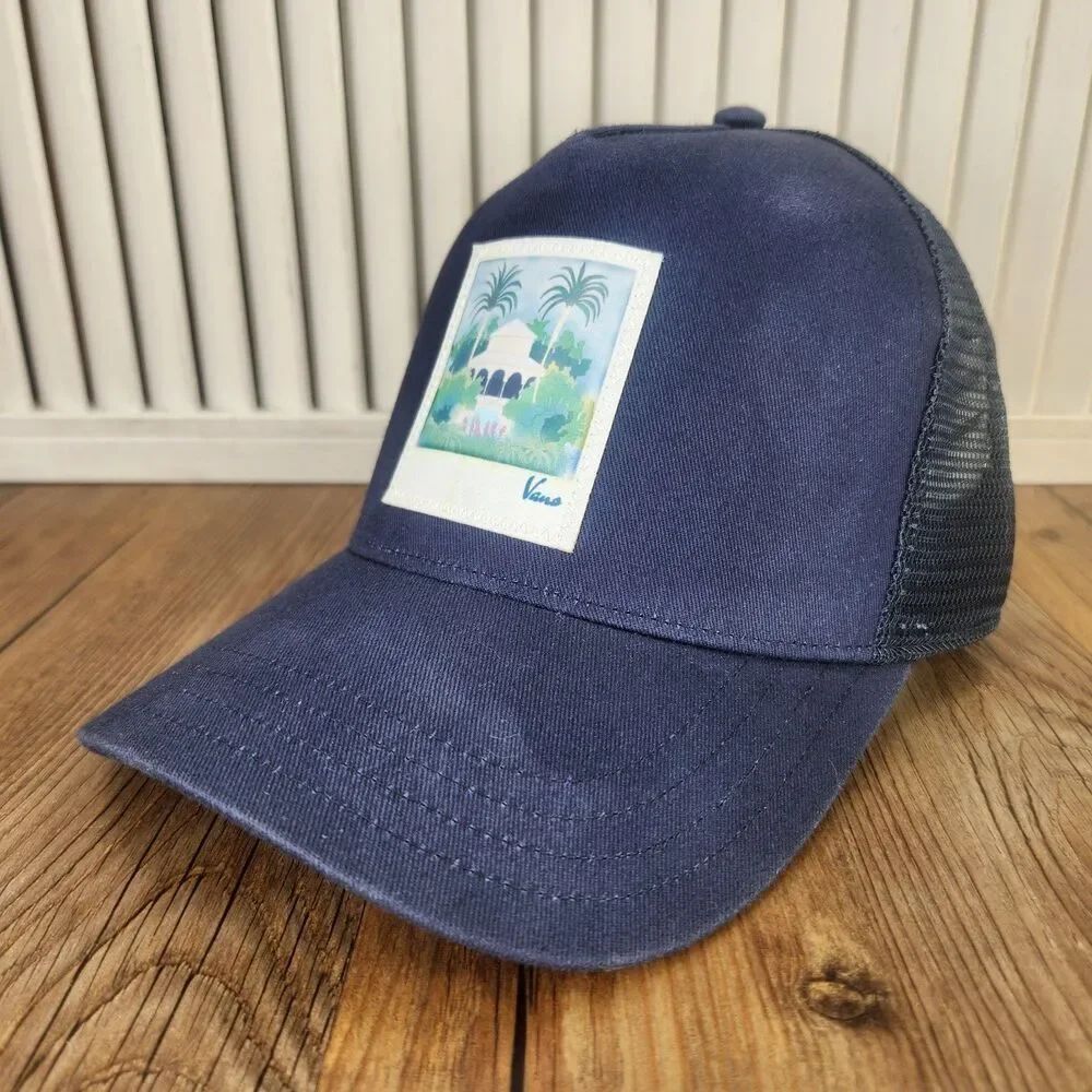 Vans Trucker Hat Cap Navy Blue Tropical Palm Tree House Graphic Patch Snapback